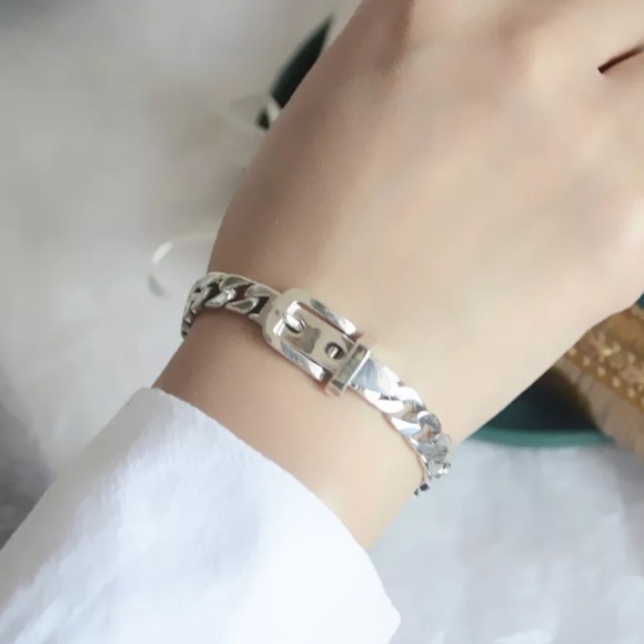 New 925  Sterling Silver Cuban Chain Link Belt Buckle Bracelet - Picture 1 of 7